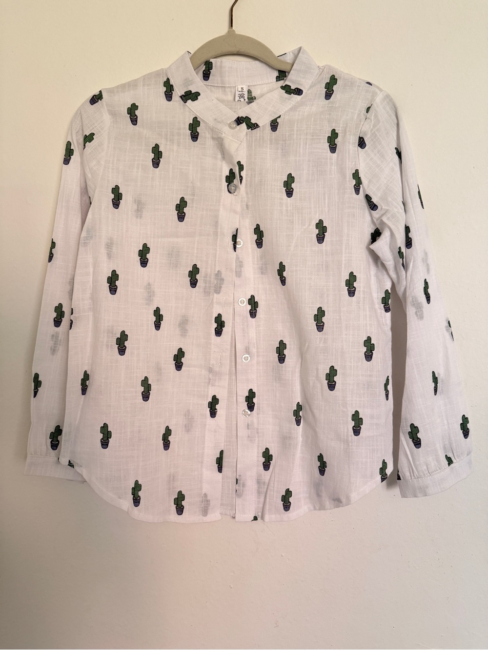 White Button-Down Shirt with Green Cactus Print